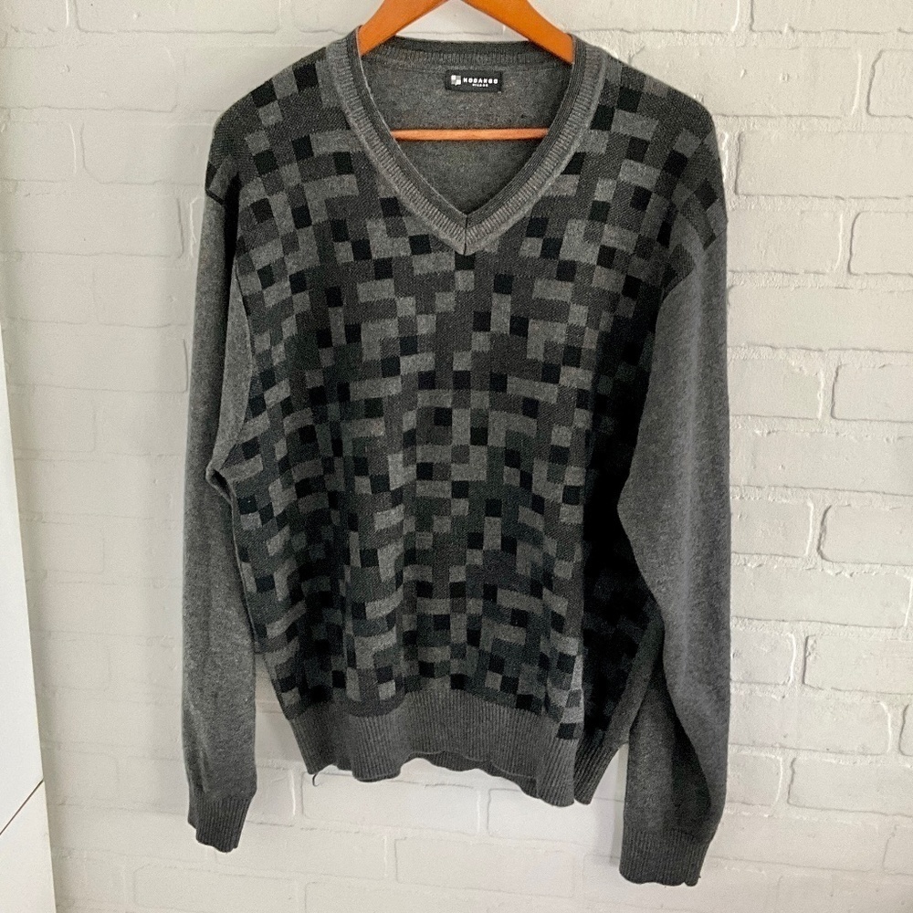 Vintage Men’s Knit sweater Modango Milano Checkered Black/Charcoal V neck